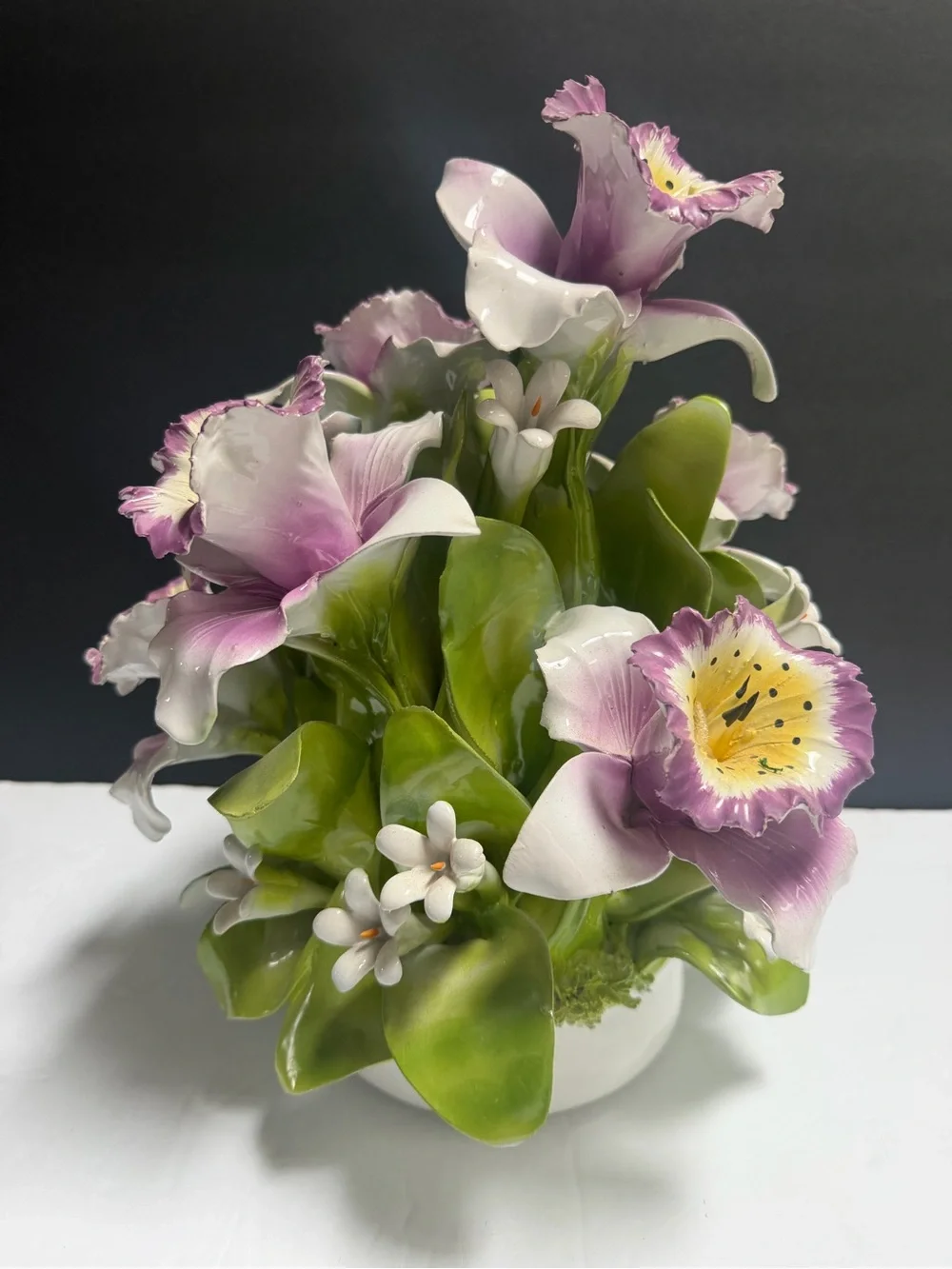 Vintage Capodimonte Italy Porcelain Pink Orchid Floral Arrangement 13”